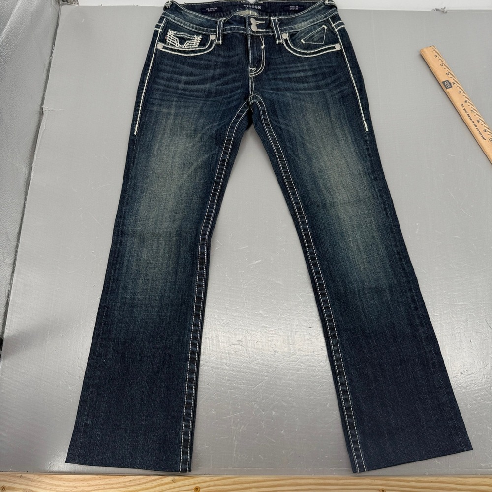 Vigoss The Chelsea Boot Cut Jeans Dark Wash Contrast Stitch Embroidery Size 28